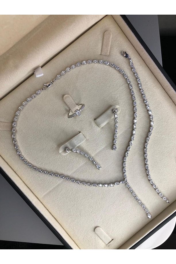 Kadın Gümüş Set - Açela Zirconia Taşlı Su Yolu • Işıklı Kutuda • Düğün • Nişan • Gelin Seti Takımı - 3