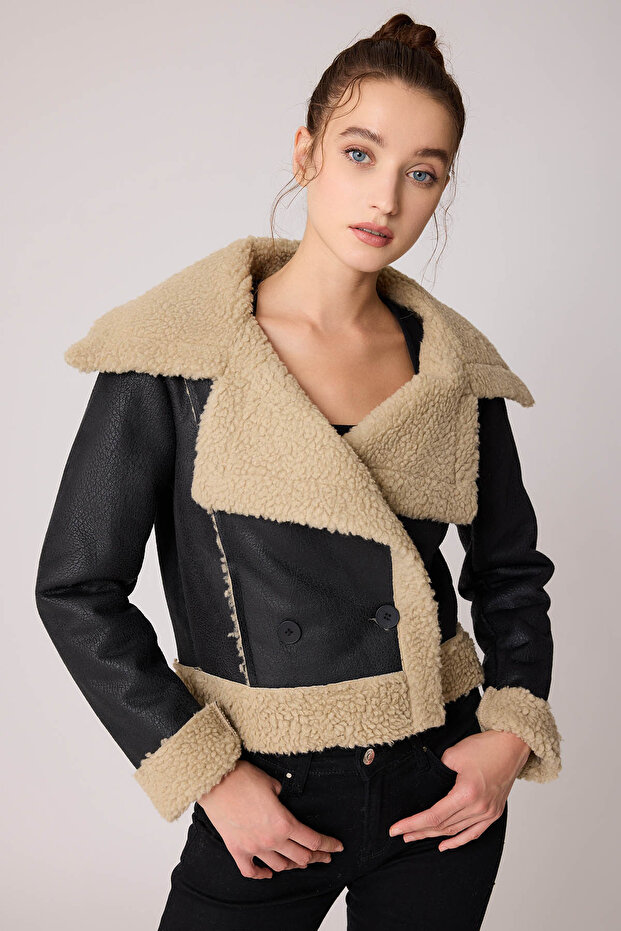 Buttoned Front Furry Crop Biker Jacket - 4