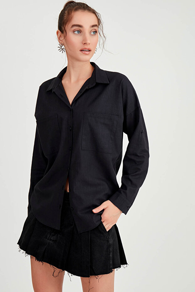 Basic Oversize Önden Cepli Gömlek - 4