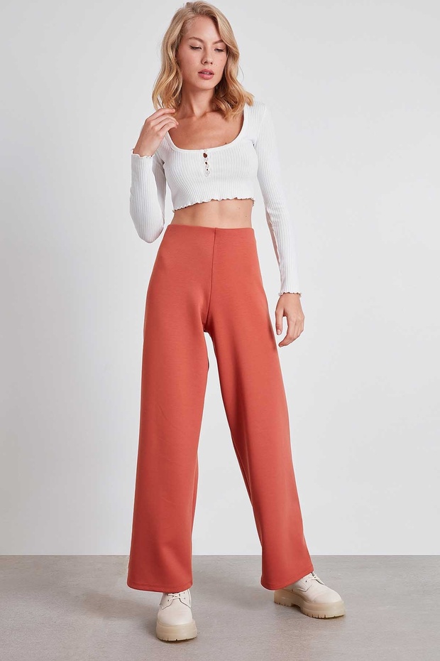 Yüksek Bel Bol Paça Örme Pantolon - 3