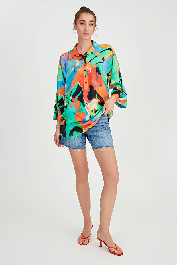 Low Shoulder Patterned Oversize Blouse with Buttoned Front - 3