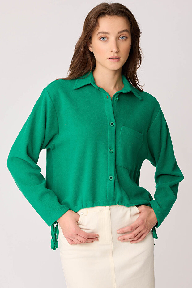 Önü Düğmeli Beli Bağcıklı Tek Cep Örme Bluz - 1