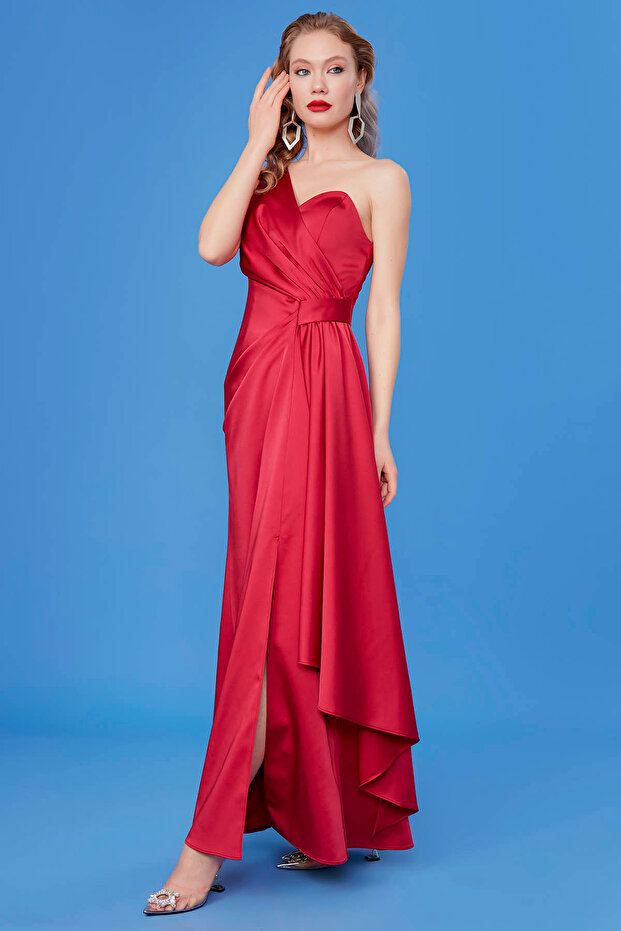 One Shoulder Long Satin Dress - 4