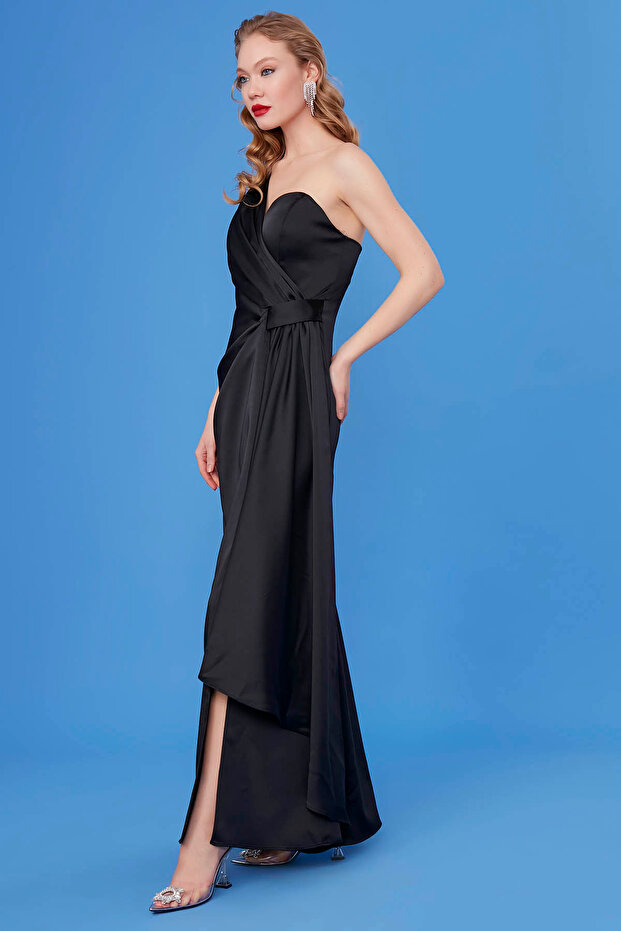 Saténové šaty dlouhé na jedno rameno - 3