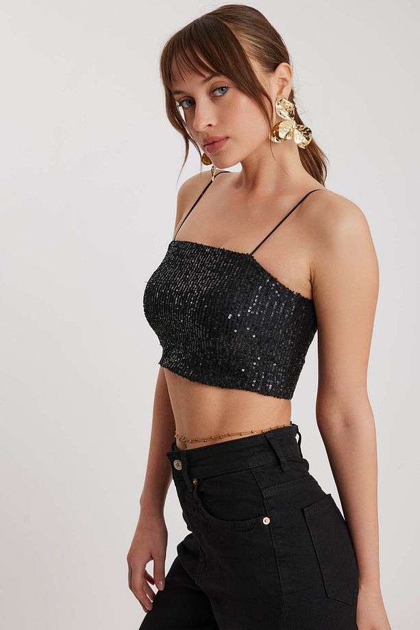 İp Askılı Pullu Crop Bluz Beden: M - 4