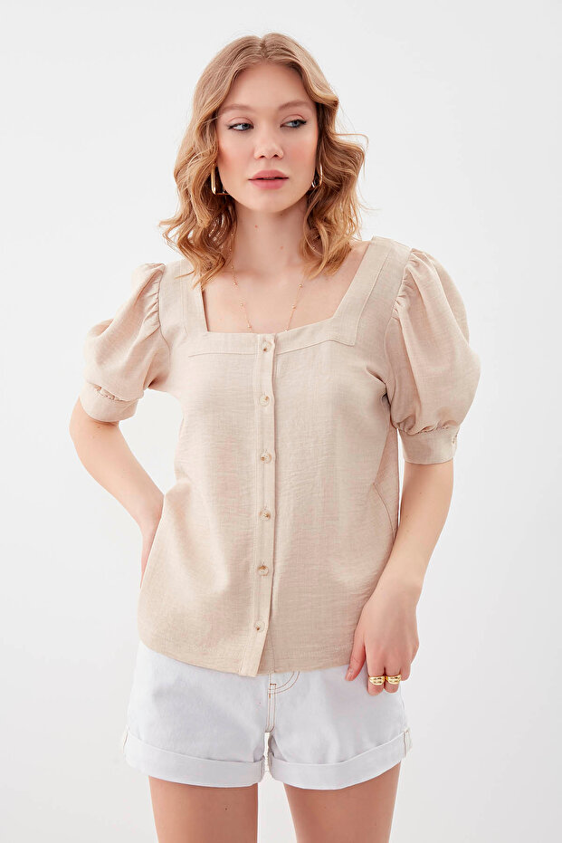 U-الرقبة بالون زر الكم بلوزة - 2