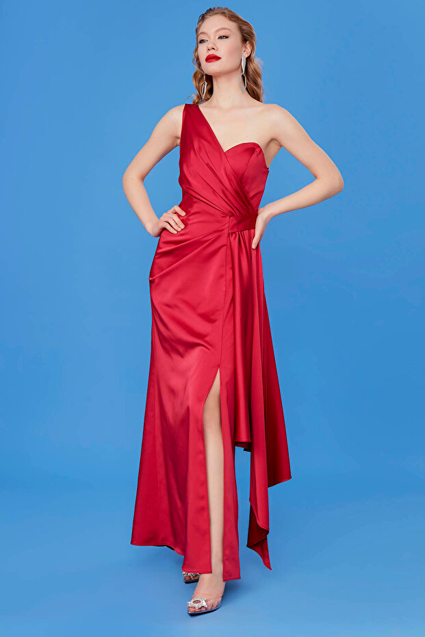One Shoulder Long Satin Dress - 3