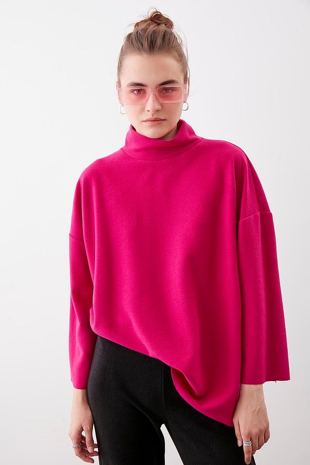 Düşük Kol Yakalı Yanlar Yırtmaçlı Örme Oversize Bluz - 1