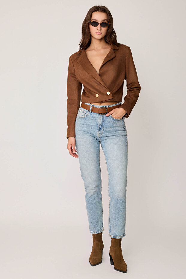Double Button Lined Crop Suede Jacket - 1