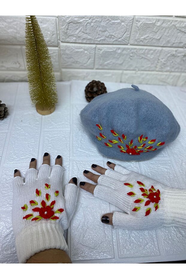 Handmade Red Floral Embroidered Pearls Gray French Painter Beret Hat and White Fingerless Gloves Set