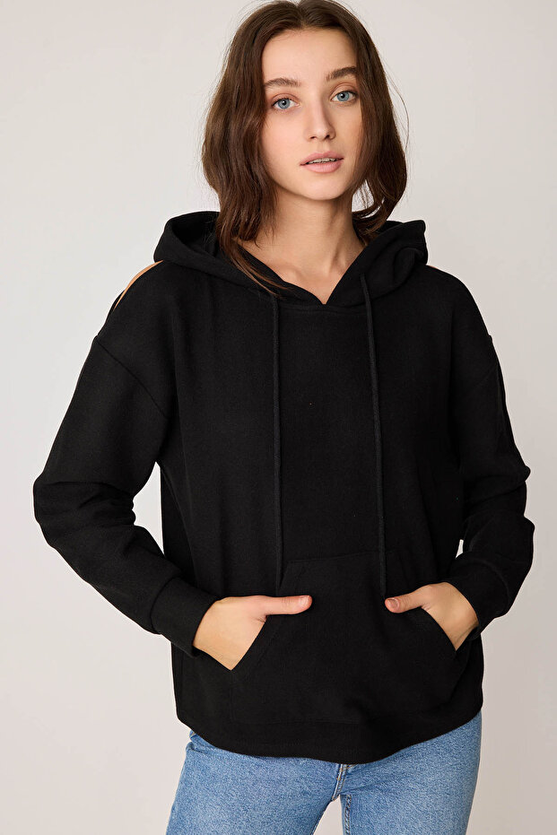Omuz Dekolteli Kanguru Cep Kapüşonlu Sweatshirt - 3