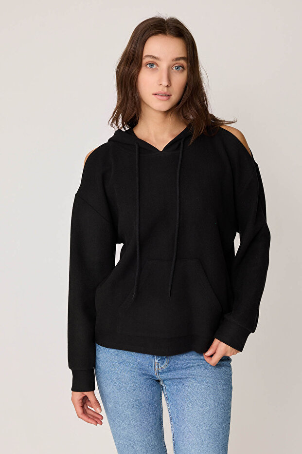 Omuz Dekolteli Kanguru Cep Kapüşonlu Sweatshirt - 4