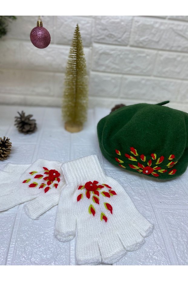 Handmade Red Floral Embroidered Pearls Green French Painter Beret Hat and White Fingerless Gloves