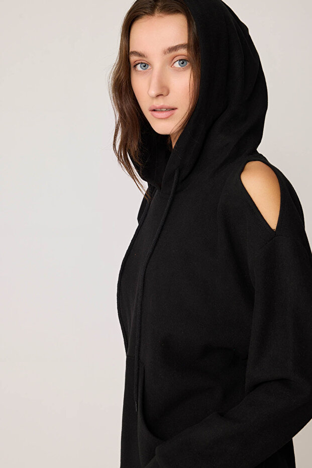 Omuz Dekolteli Kanguru Cep Kapüşonlu Sweatshirt - 2