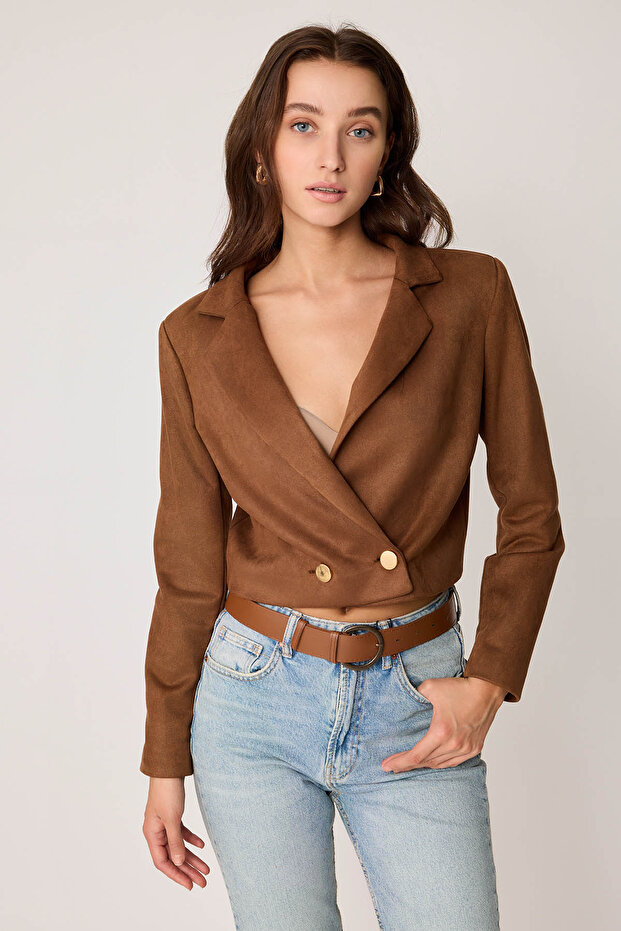 Double Button Lined Crop Suede Jacket - 3