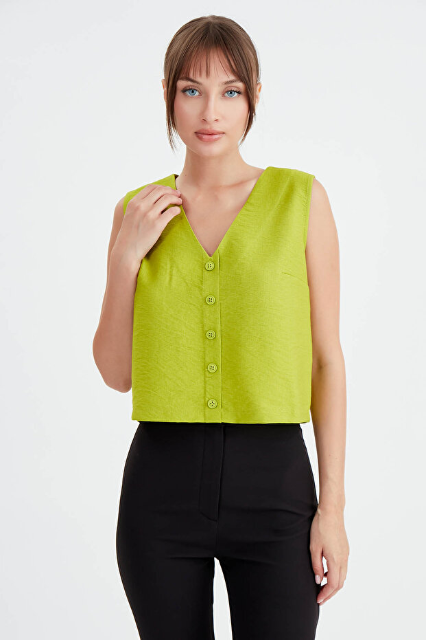 Düğmeli Crop Yelek - 1