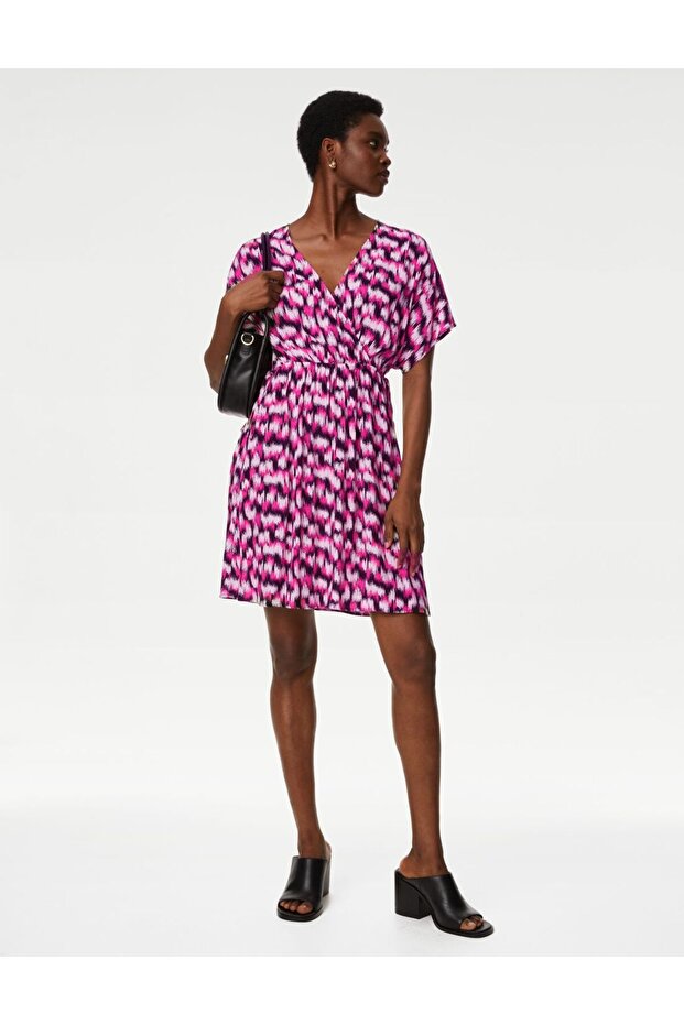 Regular Fit V Yaka Mini Elbise - 1