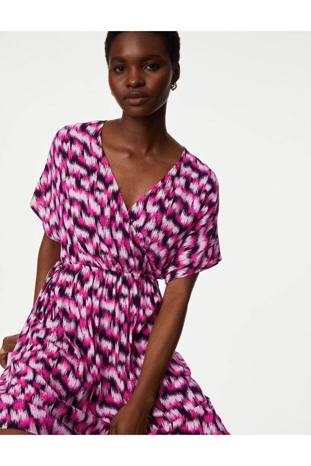 Regular Fit V Yaka Mini Elbise - 2