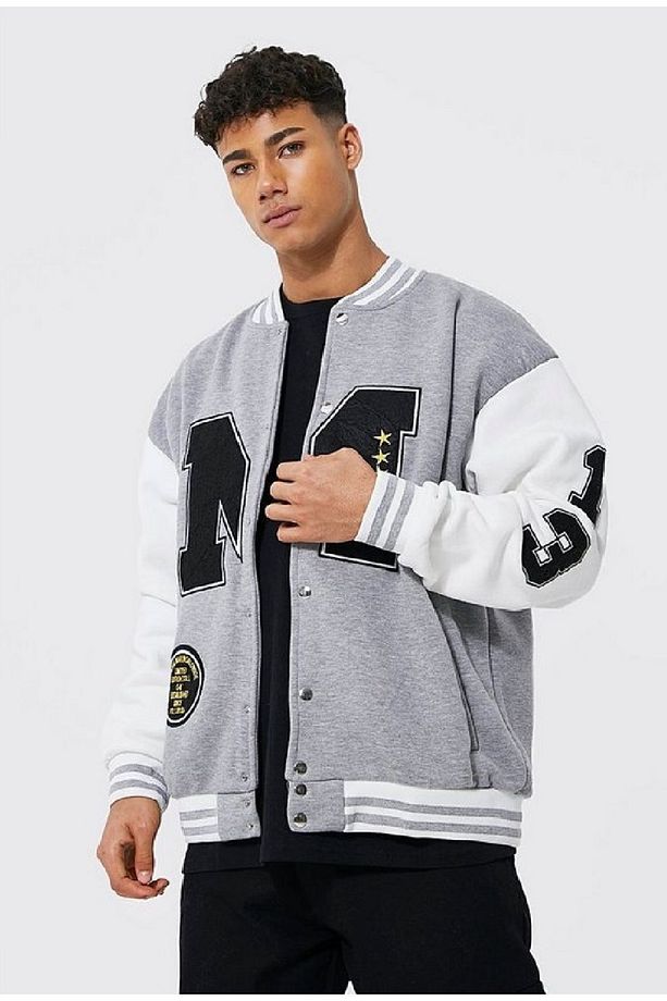 Unisex Oversize M Nakiş Işlemeli Bomber Kolej Ceket - 4