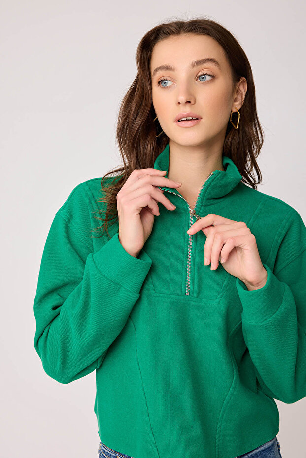 Dik Yaka Fermuarlı Örme Sweatshirt - 4