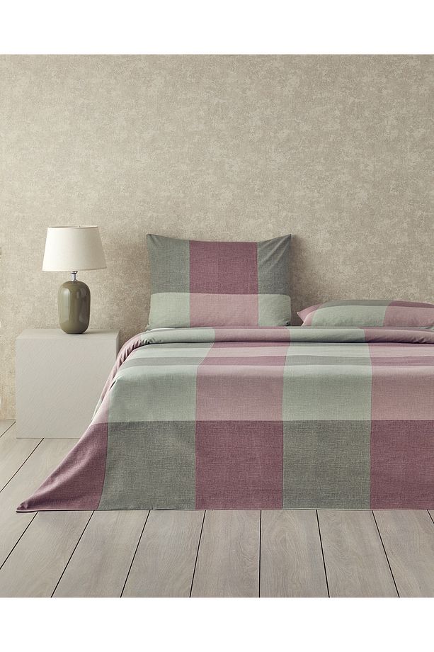 Textured Plaid Kolay Ütülenir Çift Kişilik Nevresim Seti 200x220 cm Yeşil-Mürdüm - 1