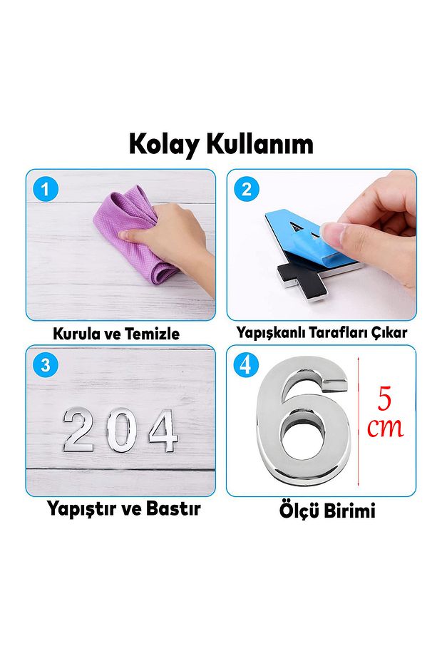 Yapışkanlı Kapı Numarası Küçük Boy 50 Mm 5 Cm Numara 6 Rakam Altı Sayı Krom Renk Numaralar 1 Adet - 8