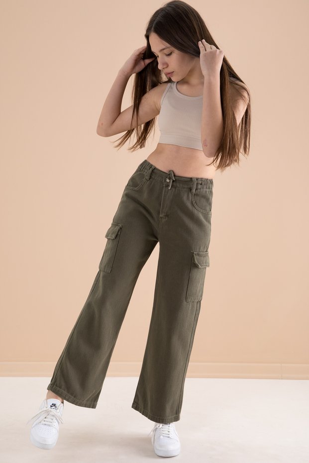 Khaki Wide Leg Lace-Up Waist Girls' Cargo Pocket Jean Trousers 20134
