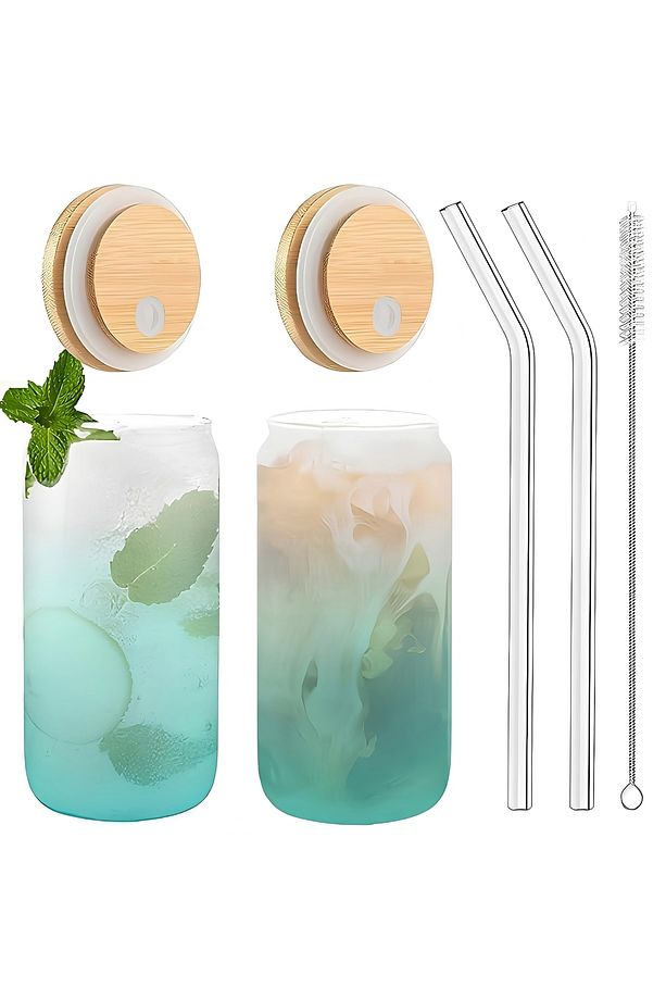 2 Adet Bambu Kapaklı Cam Bardak Pipet Hediyeli + Pipet Temizleme Fırçası - 1