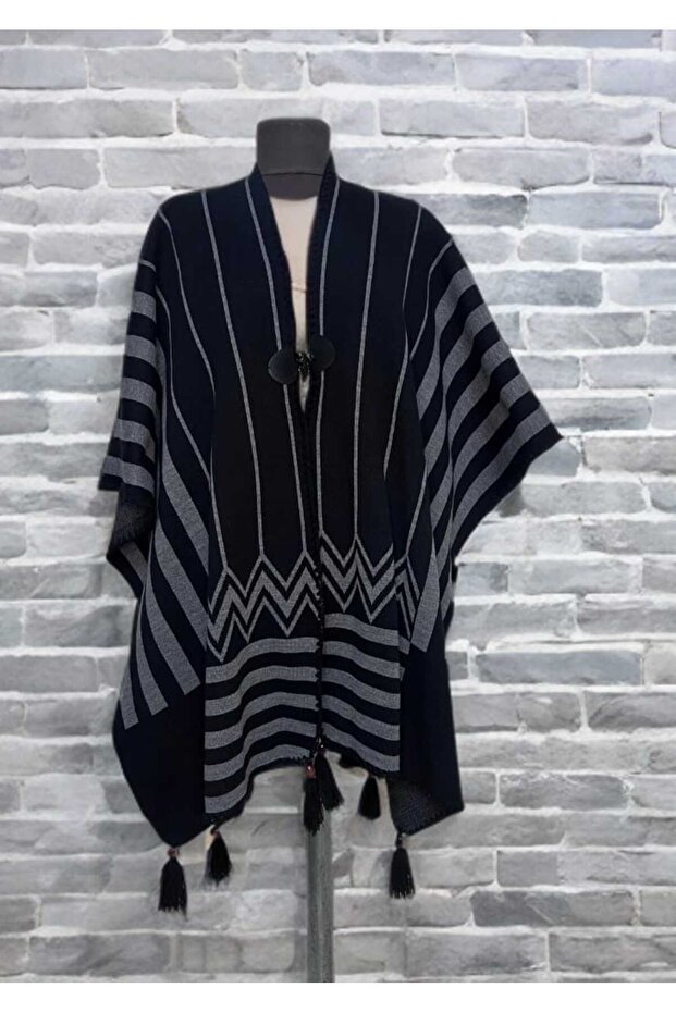 Striped Chopper Button Crushetas Stitched Poncho