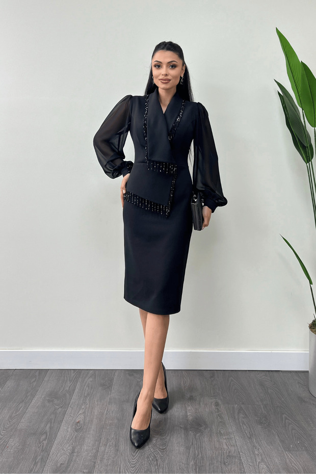 Double Breasted Neck Stone Detailed Dress - Black