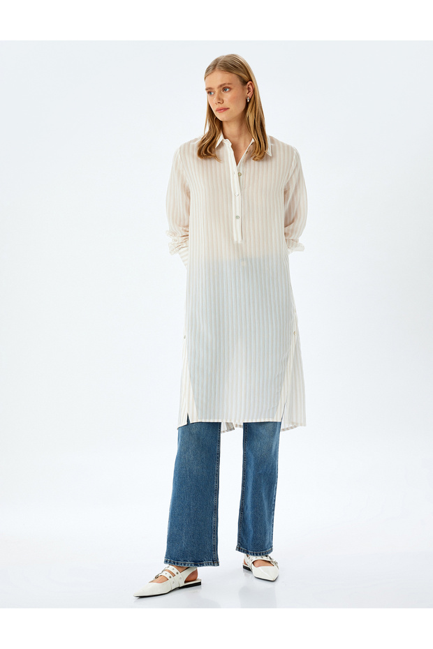 Striped Shirt Neck Long Sleeve Oversize Midi Tunic Dress