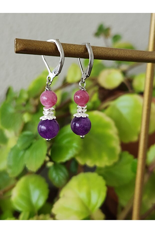 Çilek Kuvars ve Ametist Taşı Çelik Küpe - 1