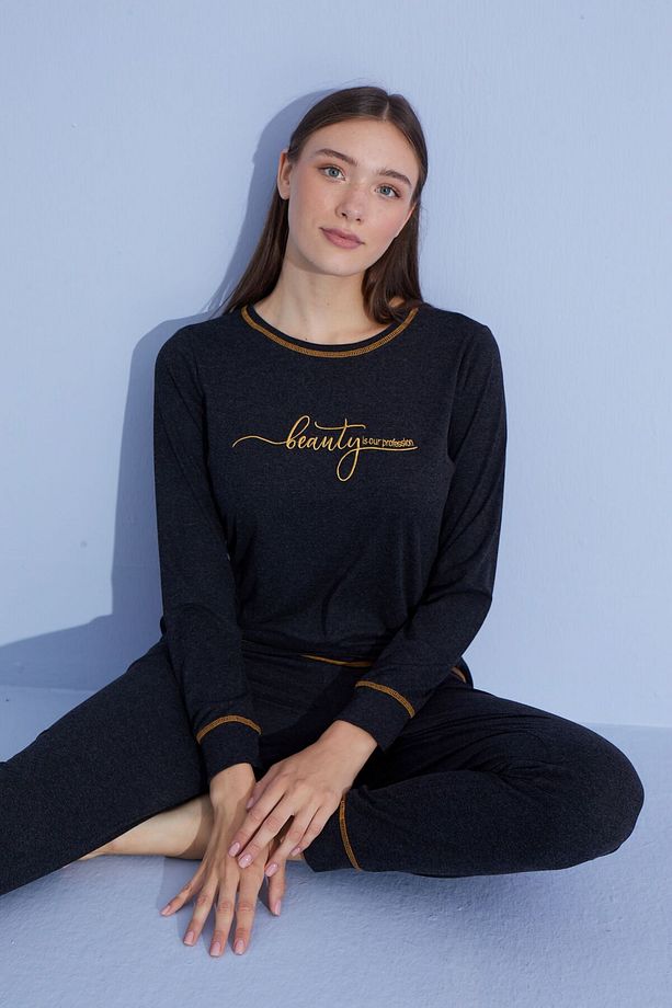 Kadın Bisiklet Yaka Nakışlı Pijama Takımı - 1