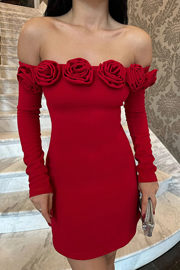 Kırmızı Güllü Mini Elbise - 2