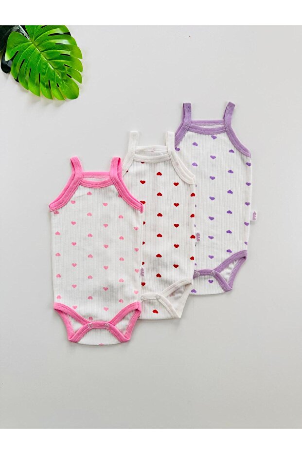 3-Piece Ribbed Rope Strap Heart Patterned Baby Girl Bodysuit