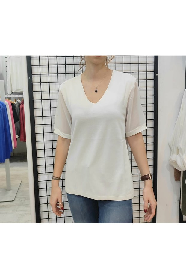 Jm Sleeves Tulle Detail V-Neck Short Sleeve Knitwear Blouse