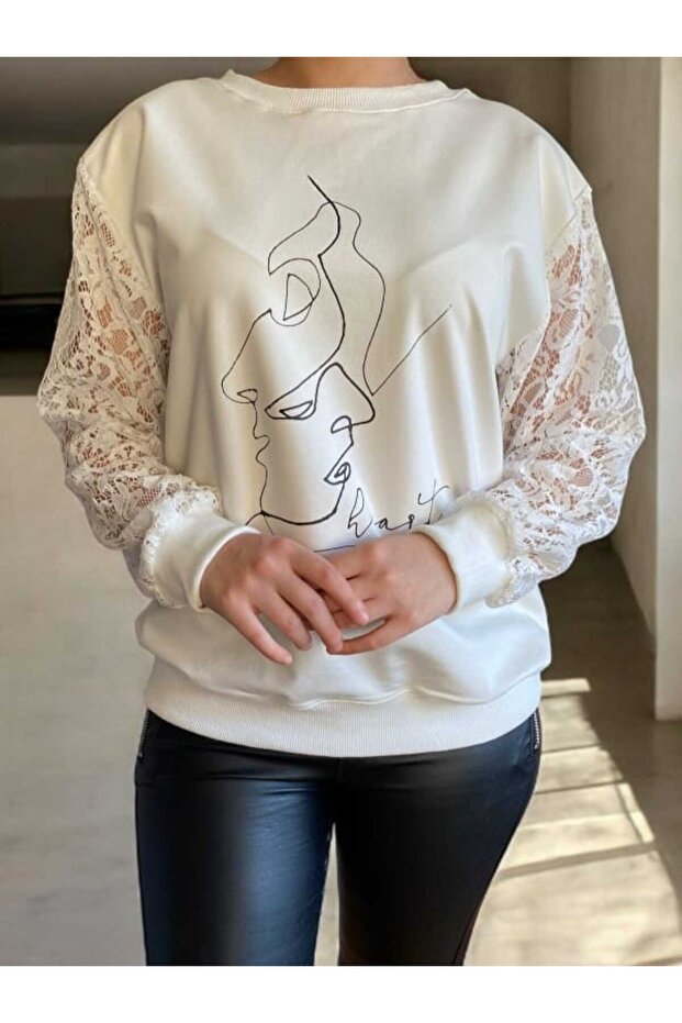 Dantel Kol Detay Silüet Baskı Sweatshirt - 1