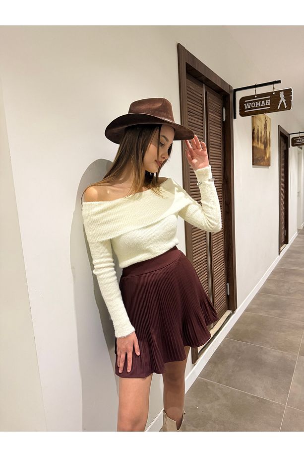 Kahve Pileli İçi Kendinden Şortlu Etek - 1