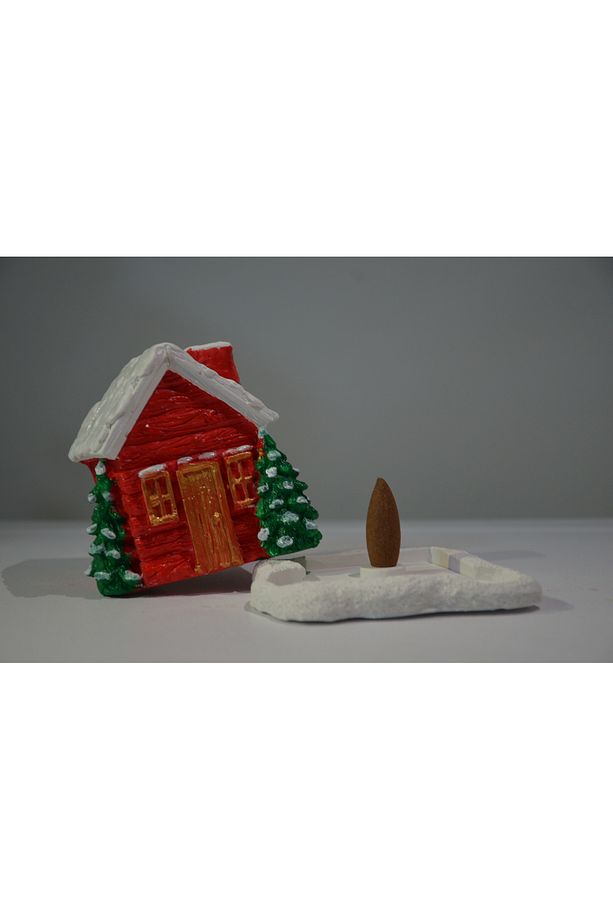 Home Kar Efekli Yılbaşı Temalı El Boyaması Geri Akış Tütsülük Kırmızı Ev ,2 Adet Tütsü Hediye - 7