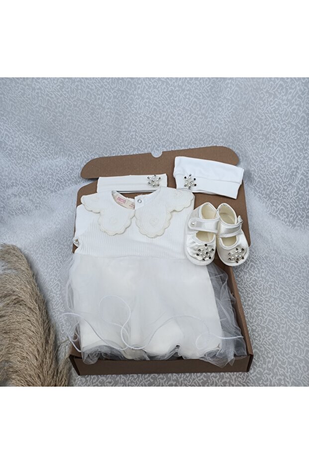 Ecru Peter Pan collar piece tulle bone booties bandana baptism set