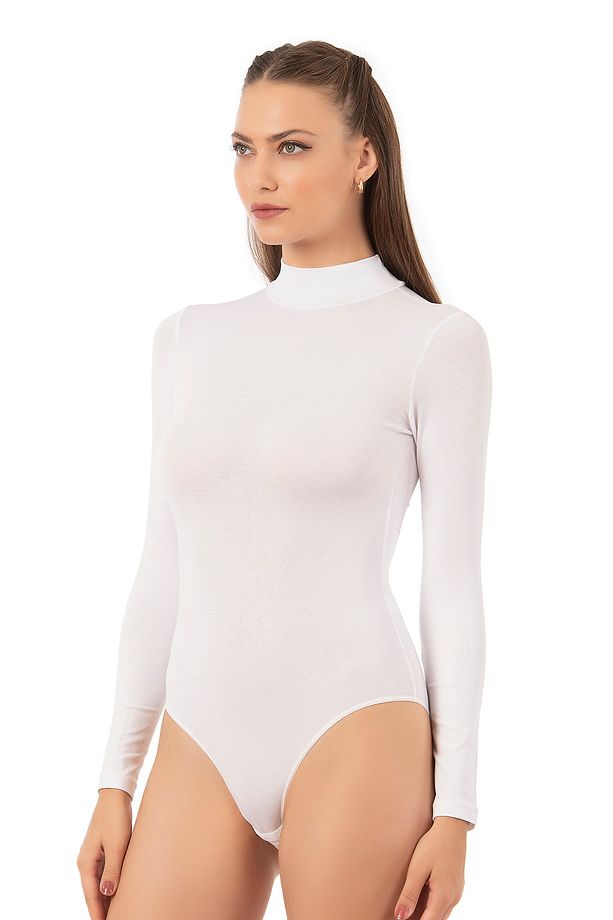 Özkan 0614 Kadın Penye Likralı Pamuklu Balıkçı Dik Yaka Uzun Kollu Kancalı Çıtçıtlı Örme Body - 4