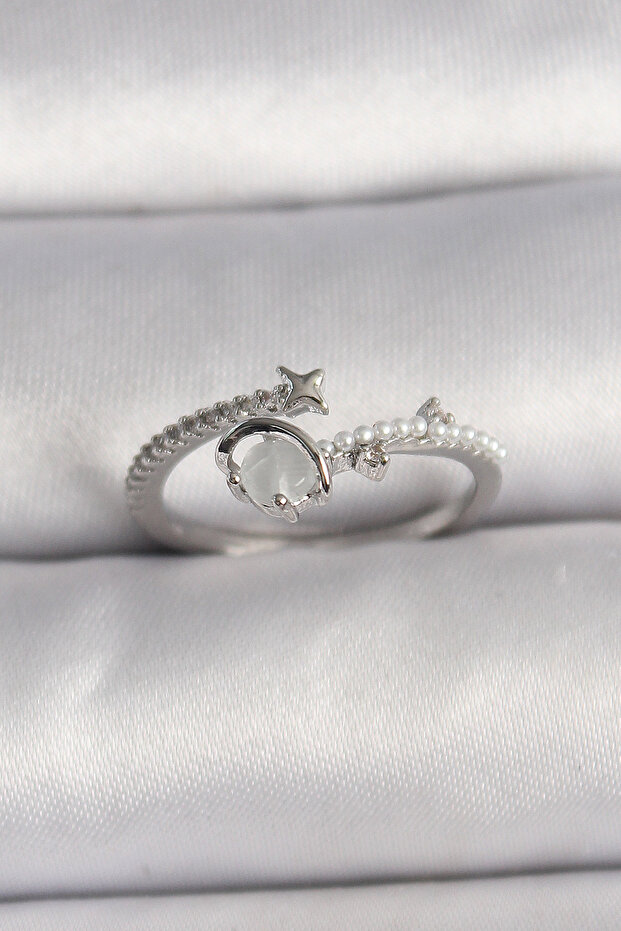Brass Silver Color Zircon Stone White Enamel Star Detail Adjustable Women's Ring