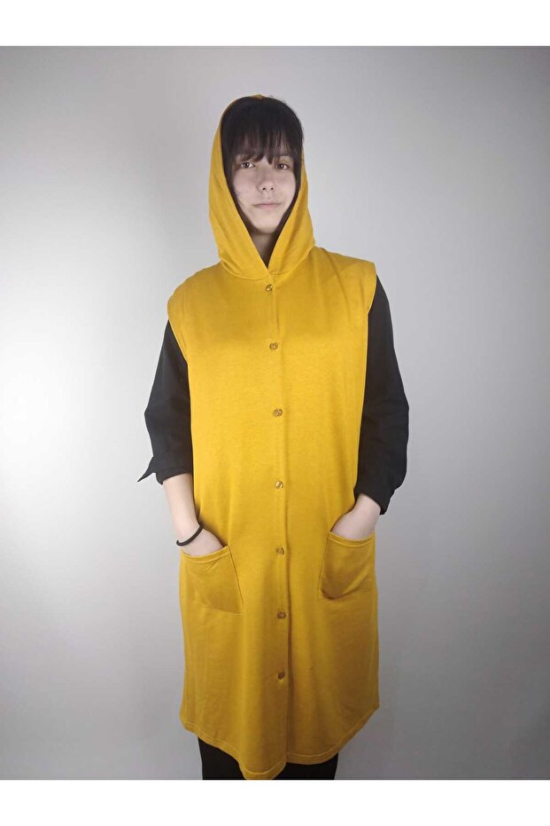 Women's Mustard Hooded Button Pocket Sleeveless Two Thread Long Vest
