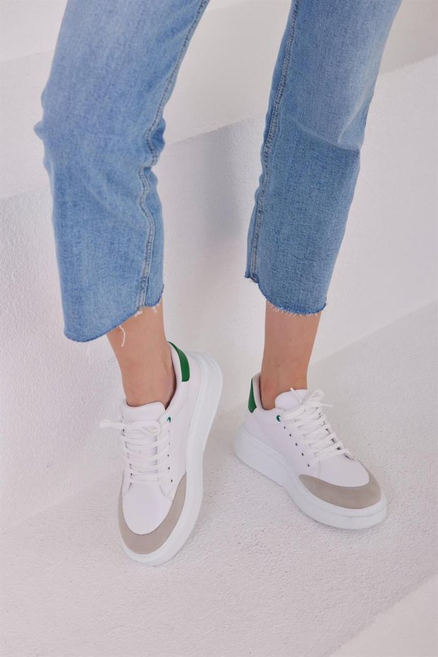 White-green Women's Lace-Up Thick-Sole Sneakers and Sports Shoes