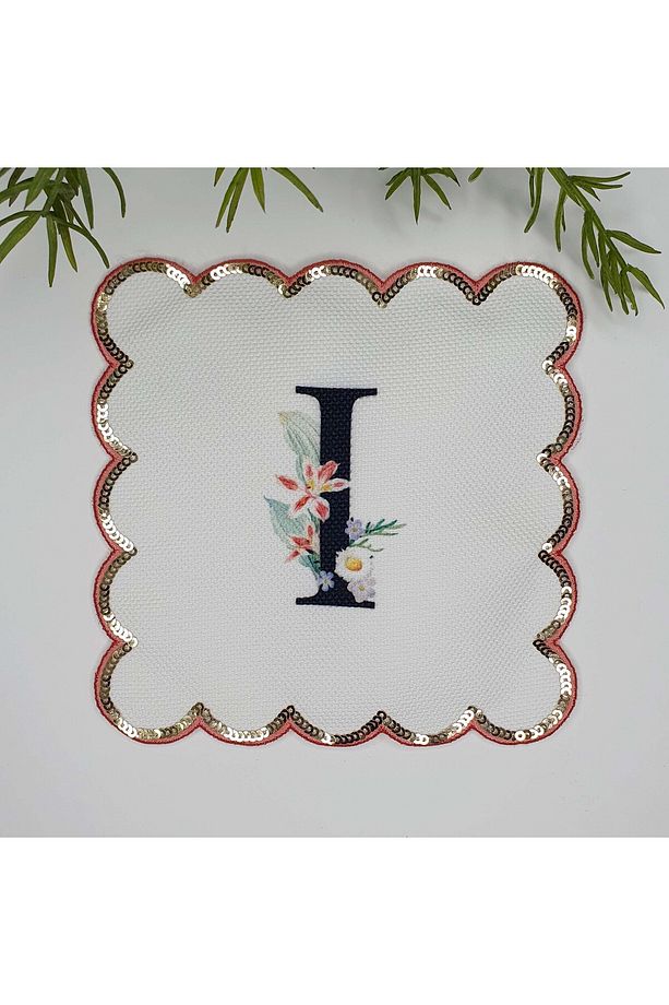 I Harfi Baskılı Kişiye Özel Pul İşlemeli Monogramlı Nakış Kenar Pullu Kokteyl Peçetesi 1 Adet - 1