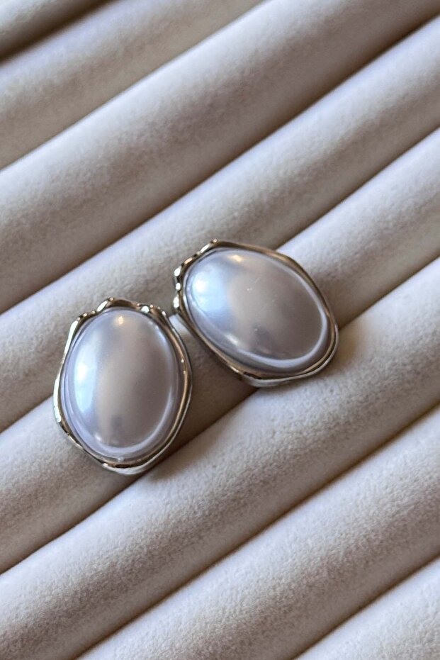 Çelik Large Oval İnci Kaplama Küpe - 2