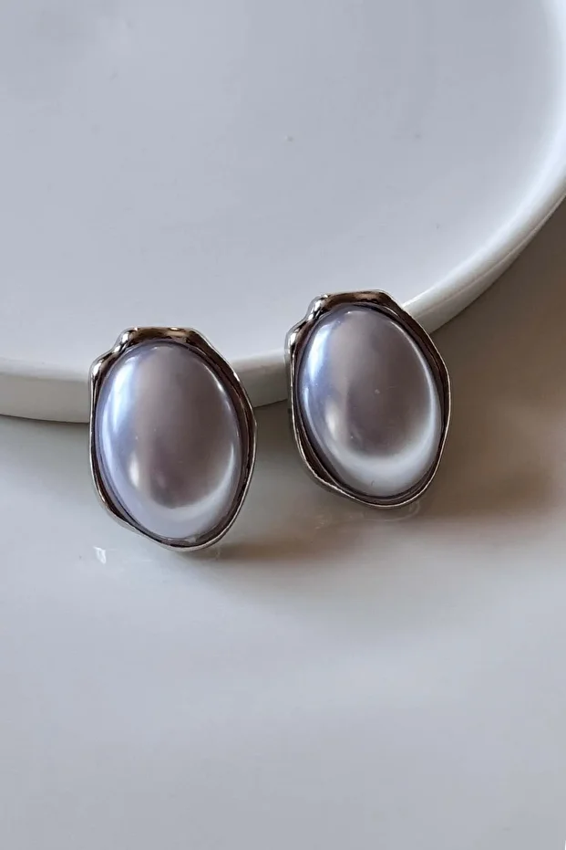 Çelik Large Oval İnci Kaplama Küpe - 1