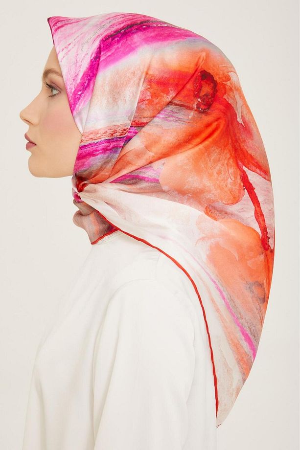 Mercan-Mor Batik Desen Tivil İpek Eşarp 9102-52 - 3