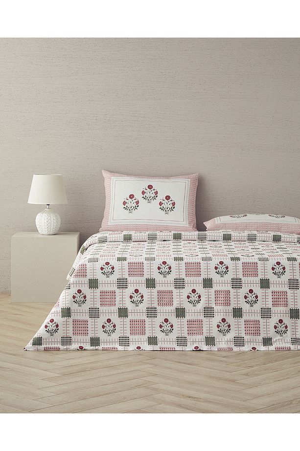 Floral Grid Pamuklu Tek Kişilik Nevresim Seti Gül Kurusu - 1