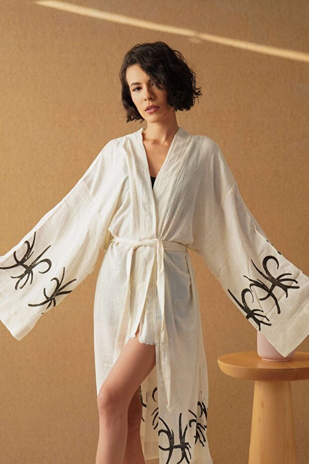 Organic Black Linen Kimono - 100% Organic Tree Print, Root Paint Printed, Long